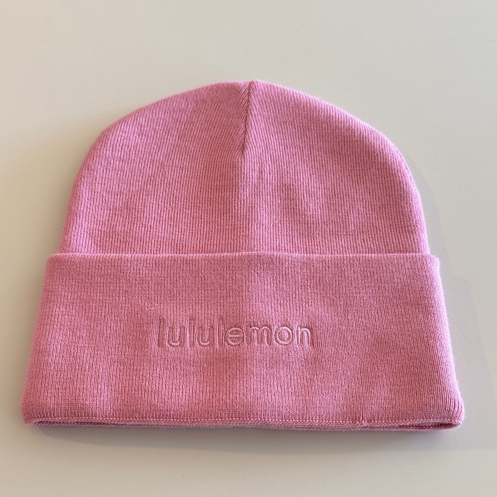 Pink Lululemon athletica warm revelation beanie Wordmark